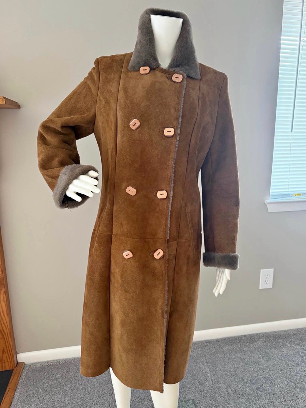 Aston Women's Shearling Long Coat in Camel with Gray Trim